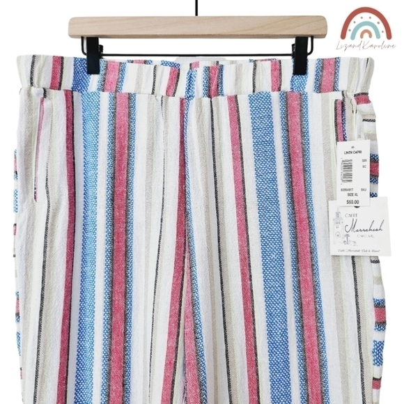 New! Caffe Marrakesh Linen Stripes Pull On Straight Leg Cropped Casual Pants - Picture 3 of 13